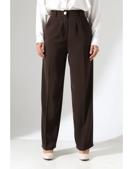 Kadın Arkası Lastikli Yüksek Bel Kahve Palazzo Pantolon