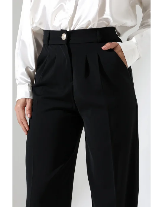 Kadın Arkası Lastikli Yüksek Bel Siyah Palazzo Pantolon