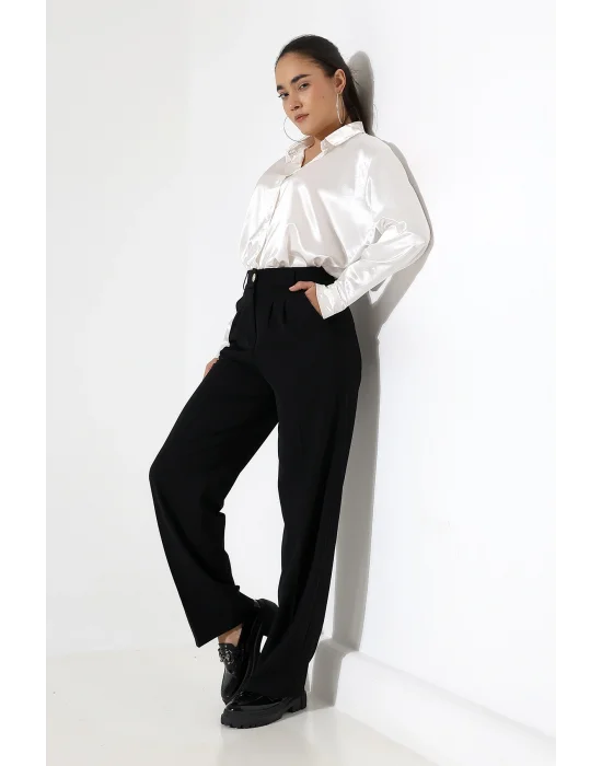 Kadın Arkası Lastikli Yüksek Bel Siyah Palazzo Pantolon