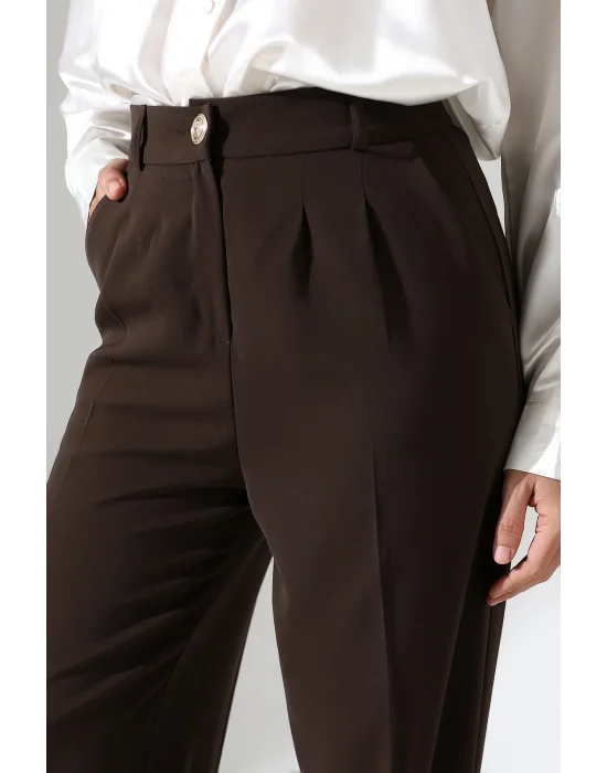Kadın Arkası Lastikli Yüksek Bel Kahve Palazzo Pantolon
