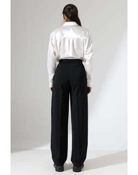 Kadın Arkası Lastikli Yüksek Bel Siyah Palazzo Pantolon