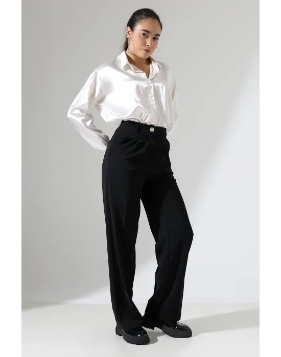 Kadın Arkası Lastikli Yüksek Bel Siyah Palazzo Pantolon