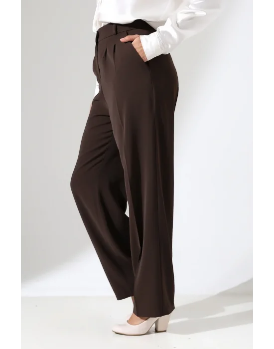 Kadın Arkası Lastikli Yüksek Bel Kahve Palazzo Pantolon
