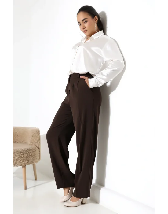 Kadın Arkası Lastikli Yüksek Bel Kahve Palazzo Pantolon