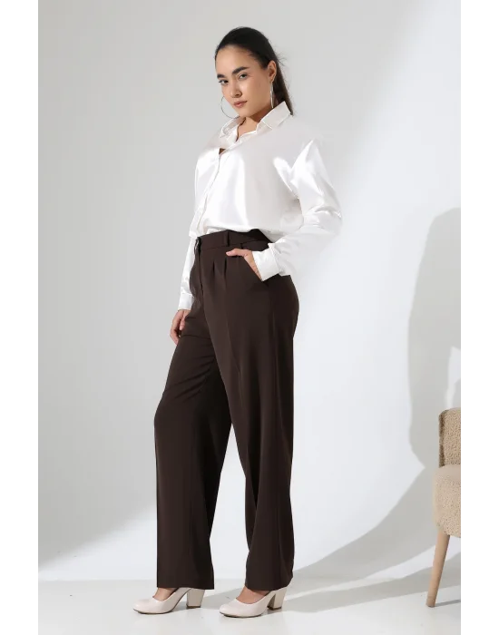 Kadın Arkası Lastikli Yüksek Bel Kahve Palazzo Pantolon