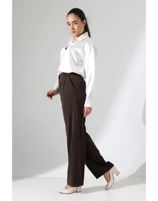 Kadın Arkası Lastikli Yüksek Bel Kahve Palazzo Pantolon