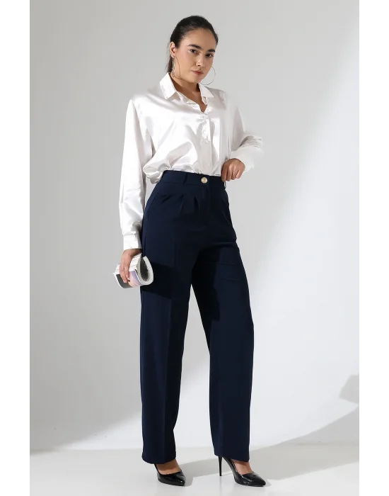 Kadın Arkası Lastikli Yüksek Bel Lacivert Palazzo Pantolon