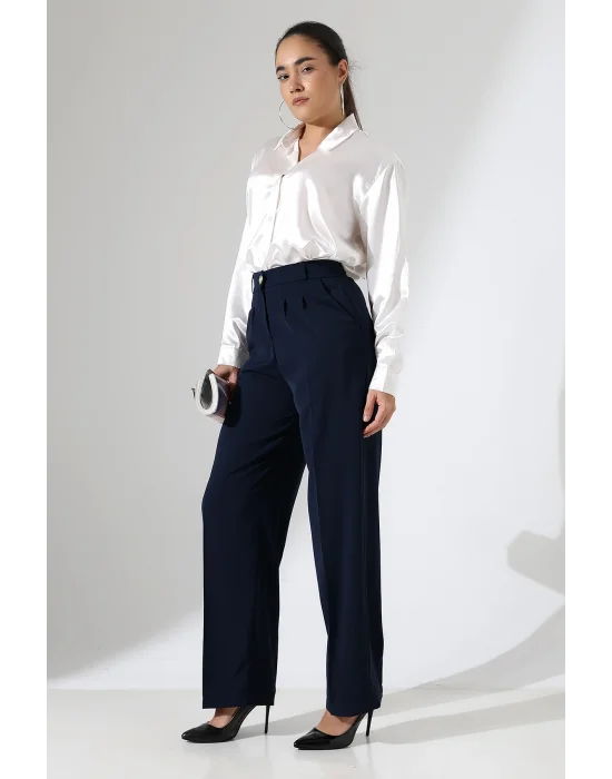 Kadın Arkası Lastikli Yüksek Bel Lacivert Palazzo Pantolon