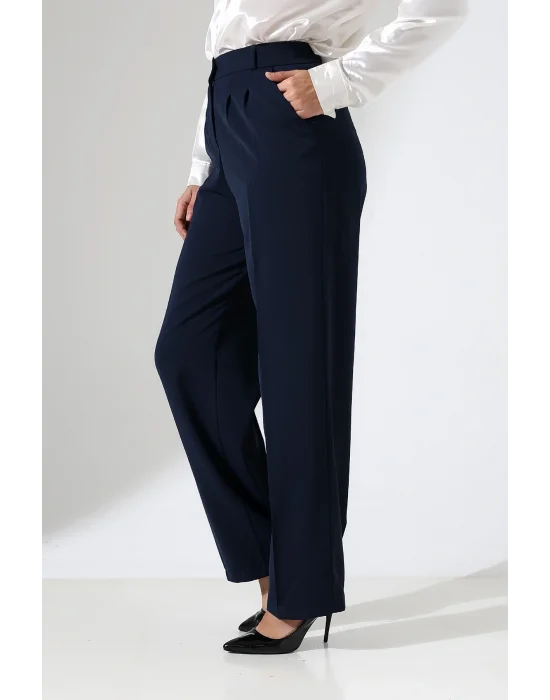 Kadın Arkası Lastikli Yüksek Bel Lacivert Palazzo Pantolon