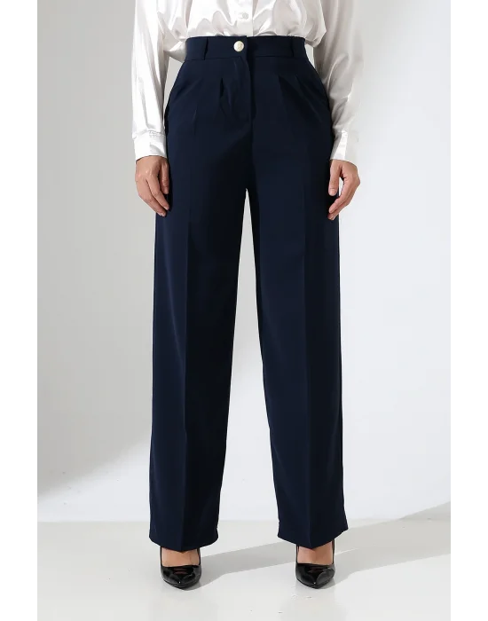 Kadın Arkası Lastikli Yüksek Bel Lacivert Palazzo Pantolon