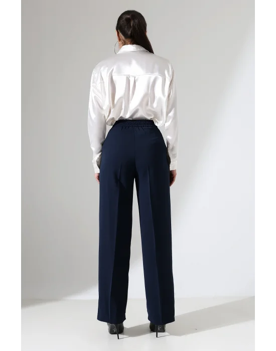 Kadın Arkası Lastikli Yüksek Bel Lacivert Palazzo Pantolon