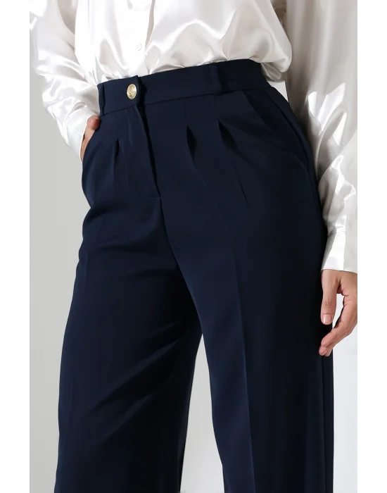 Kadın Arkası Lastikli Yüksek Bel Lacivert Palazzo Pantolon