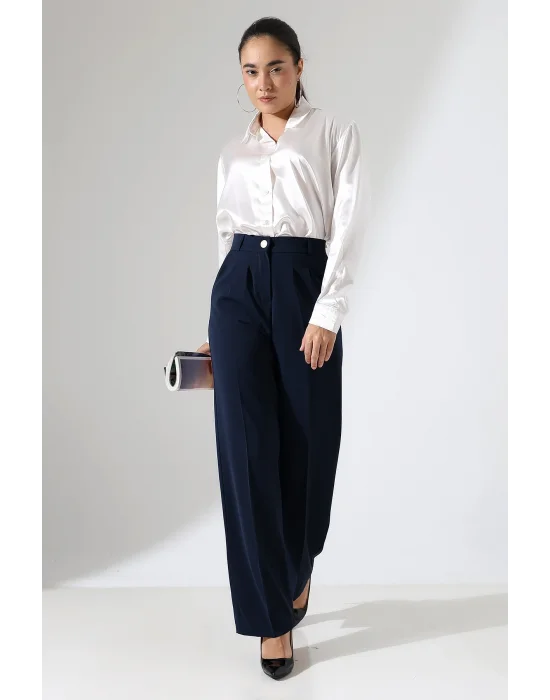 Kadın Arkası Lastikli Yüksek Bel Lacivert Palazzo Pantolon