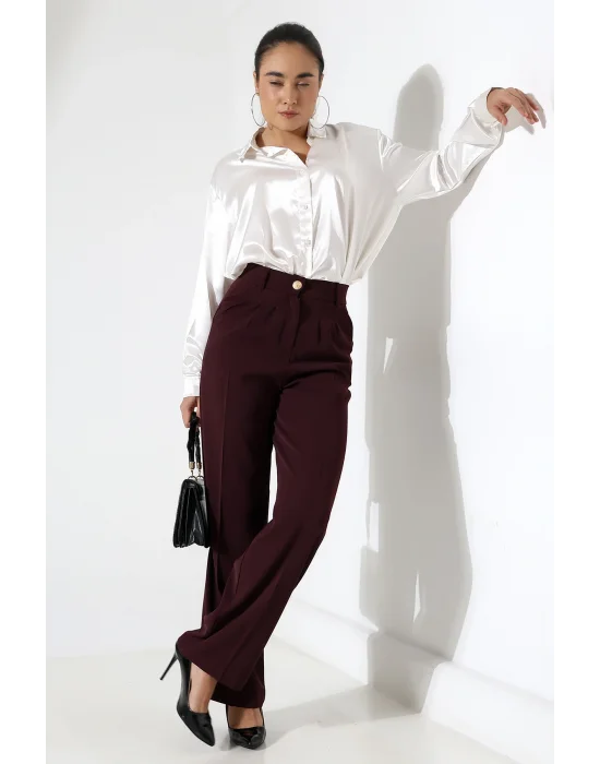 Kadın Arkası Lastikli Yüksek Bel Mürdüm Palazzo Pantolon