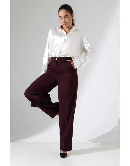 Kadın Arkası Lastikli Yüksek Bel Mürdüm Palazzo Pantolon