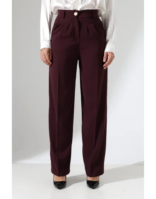 Kadın Arkası Lastikli Yüksek Bel Mürdüm Palazzo Pantolon