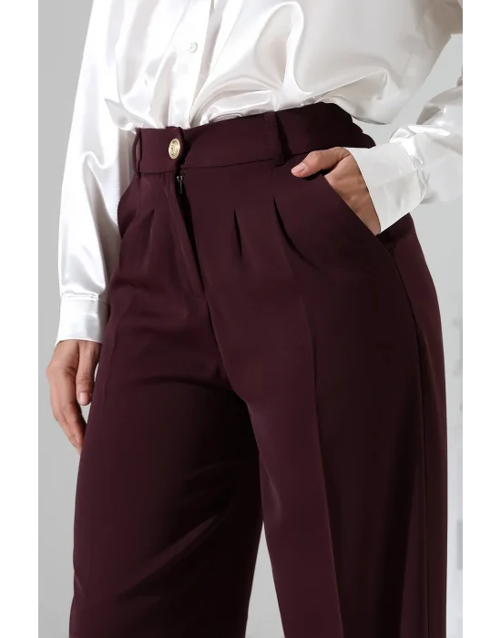 Kadın Arkası Lastikli Yüksek Bel Mürdüm Palazzo Pantolon