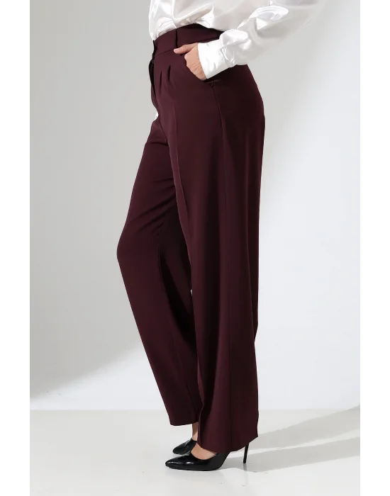 Kadın Arkası Lastikli Yüksek Bel Mürdüm Palazzo Pantolon