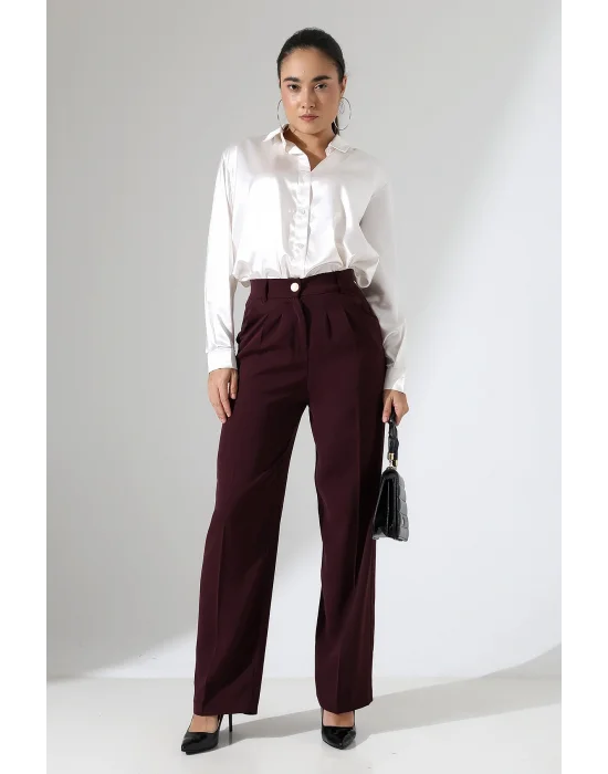 Kadın Arkası Lastikli Yüksek Bel Mürdüm Palazzo Pantolon