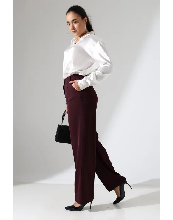 Kadın Arkası Lastikli Yüksek Bel Mürdüm Palazzo Pantolon