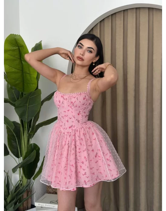 Kadın Askılı Nakış Detay Tüllü Mini Elbise