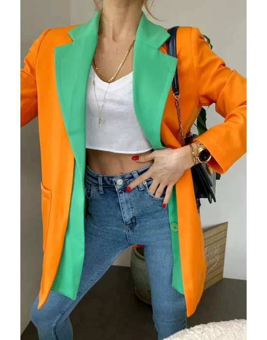Kadın Astarlı Turuncu Yeşil Blazer Ceket