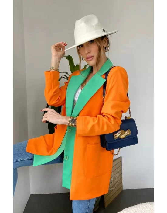 Kadın Astarlı Turuncu Yeşil Blazer Ceket