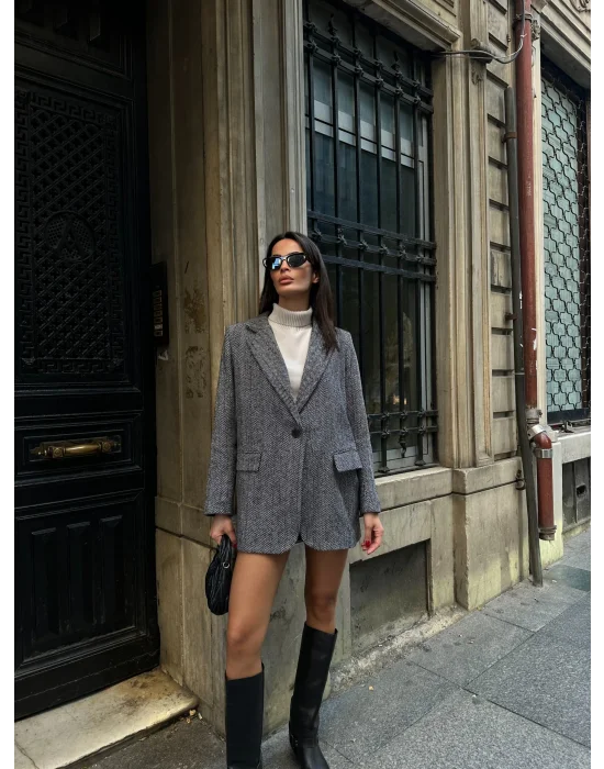 Kadın Balık Sırtı Dirsek Detaylı Tek Düğme Kruvaze Blazer Ceket