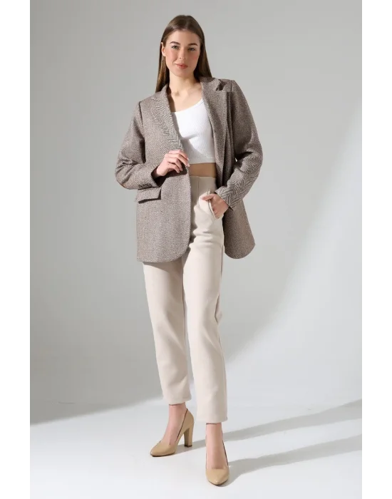Kadın Balık Sırtı Dirsek Detaylı Tek Düğme Kruvaze Blazer Ceket