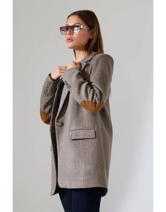 Kadın Balık Sırtı Dirsek Detaylı Tek Düğme Kruvaze Blazer Ceket