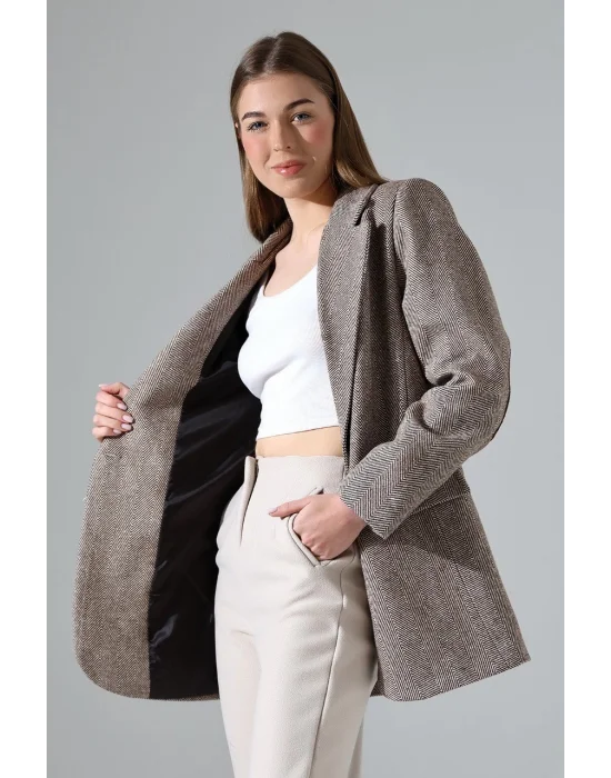 Kadın Balık Sırtı Dirsek Detaylı Tek Düğme Kruvaze Blazer Ceket