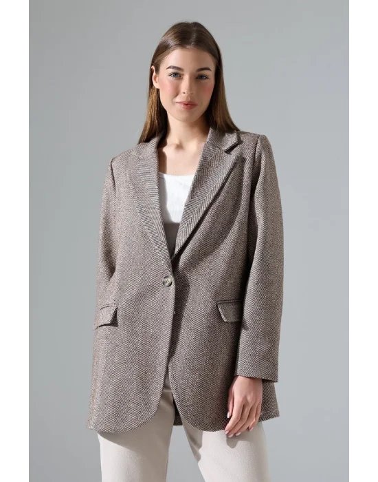 Kadın Balık Sırtı Dirsek Detaylı Tek Düğme Kruvaze Blazer Ceket