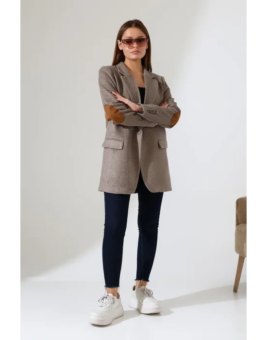 Kadın Balık Sırtı Dirsek Detaylı Tek Düğme Kruvaze Blazer Ceket