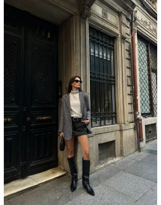 Kadın Balık Sırtı Dirsek Detaylı Tek Düğme Kruvaze Blazer Ceket