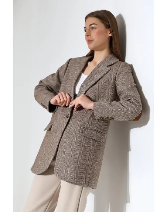 Kadın Balık Sırtı Dirsek Detaylı Tek Düğme Kruvaze Blazer Ceket