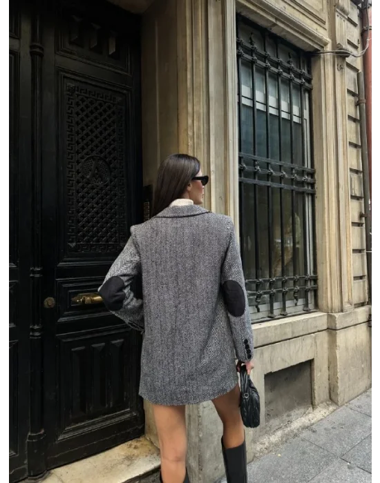 Kadın Balık Sırtı Dirsek Detaylı Tek Düğme Kruvaze Blazer Ceket