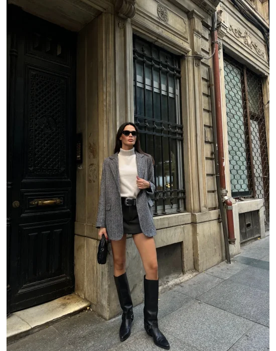 Kadın Balık Sırtı Dirsek Detaylı Tek Düğme Kruvaze Blazer Ceket