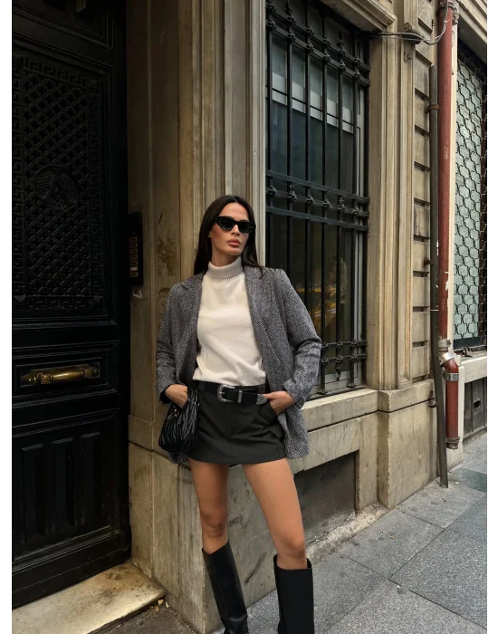 Kadın Balık Sırtı Dirsek Detaylı Tek Düğme Kruvaze Blazer Ceket