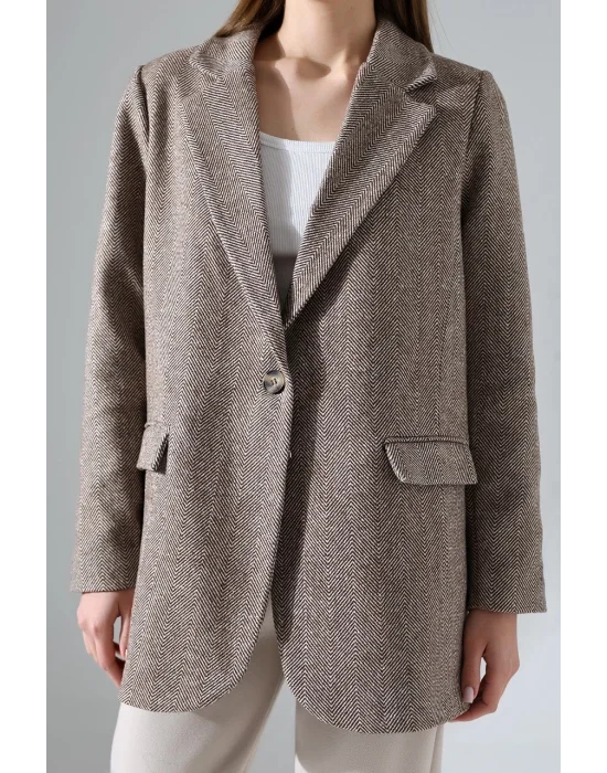 Kadın Balık Sırtı Dirsek Detaylı Tek Düğme Kruvaze Blazer Ceket