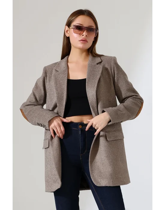 Kadın Balık Sırtı Dirsek Detaylı Tek Düğme Kruvaze Blazer Ceket