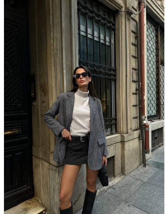 Kadın Balık Sırtı Dirsek Detaylı Tek Düğme Kruvaze Blazer Ceket