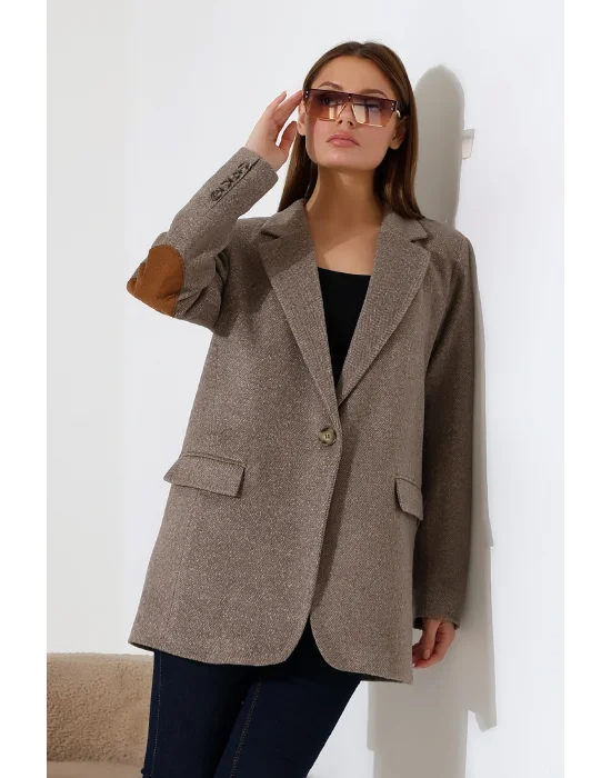 Kadın Balık Sırtı Dirsek Detaylı Tek Düğme Kruvaze Blazer Ceket