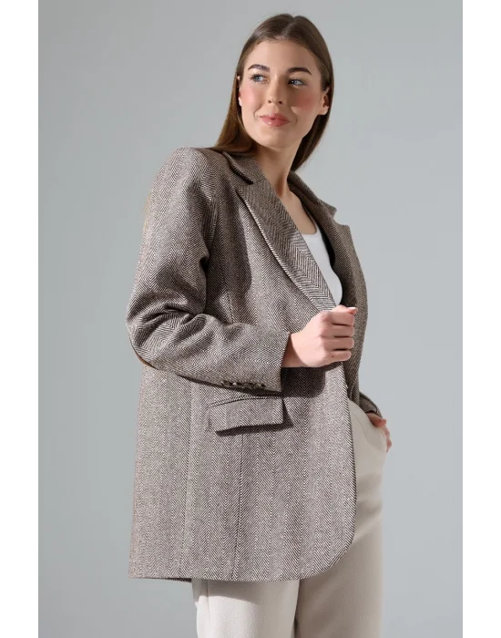 Kadın Balık Sırtı Dirsek Detaylı Tek Düğme Kruvaze Blazer Ceket