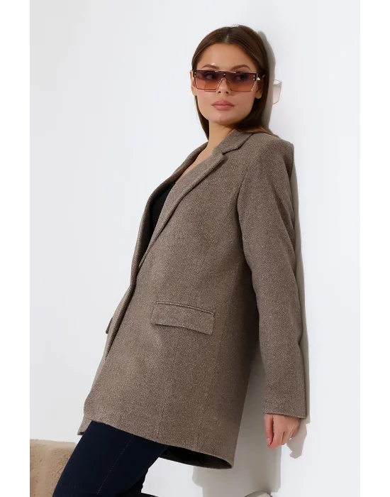 Kadın Balık Sırtı Dirsek Detaylı Tek Düğme Kruvaze Blazer Ceket