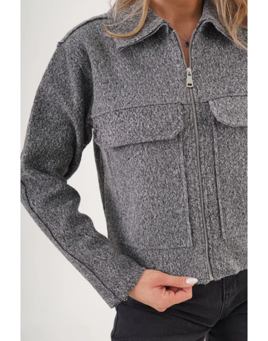 Kadın Buklet Desenli Antrasit Kaşe Ceket