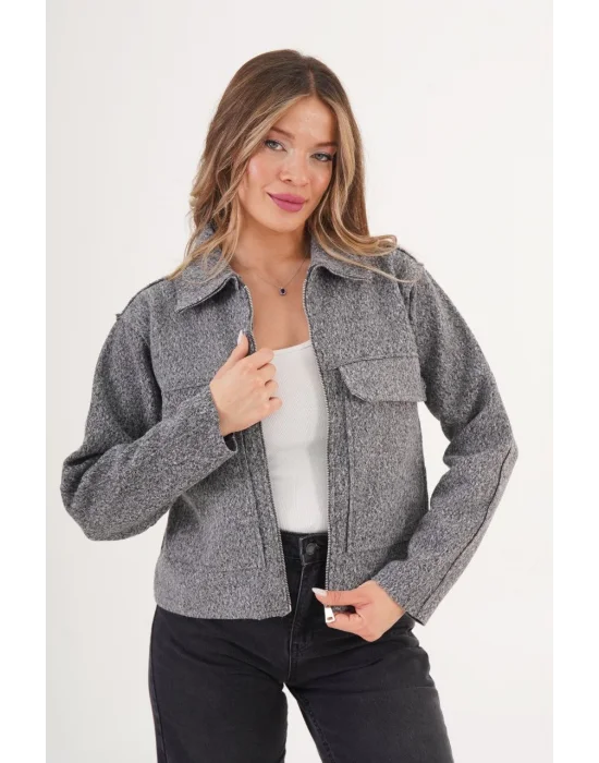 Kadın Buklet Desenli Antrasit Kaşe Ceket