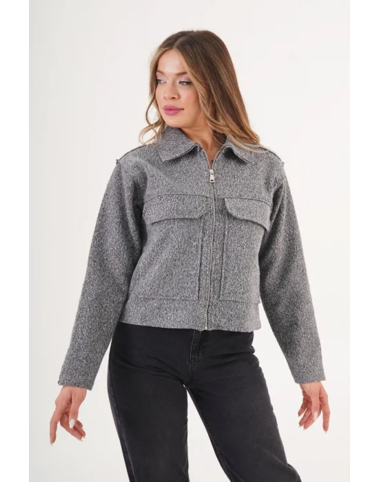 Kadın Buklet Desenli Antrasit Kaşe Ceket