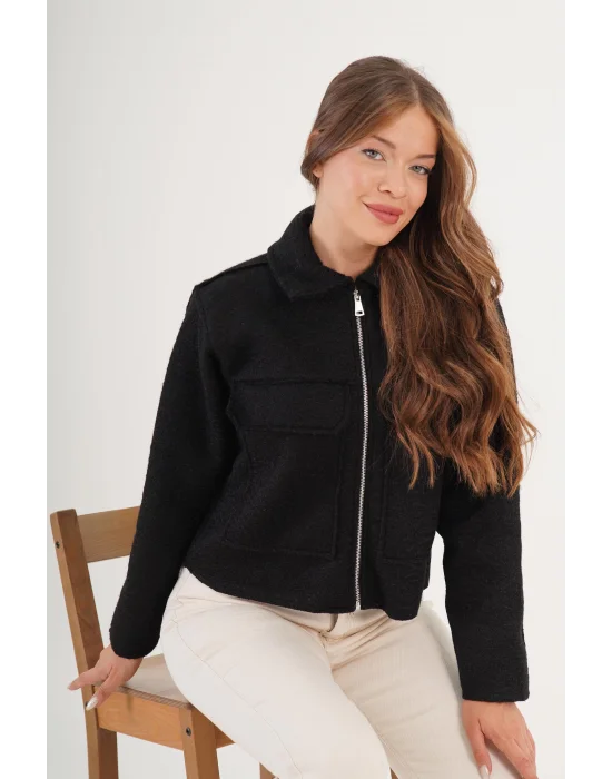 Kadın Buklet Desenli Siyah Kaşe Ceket