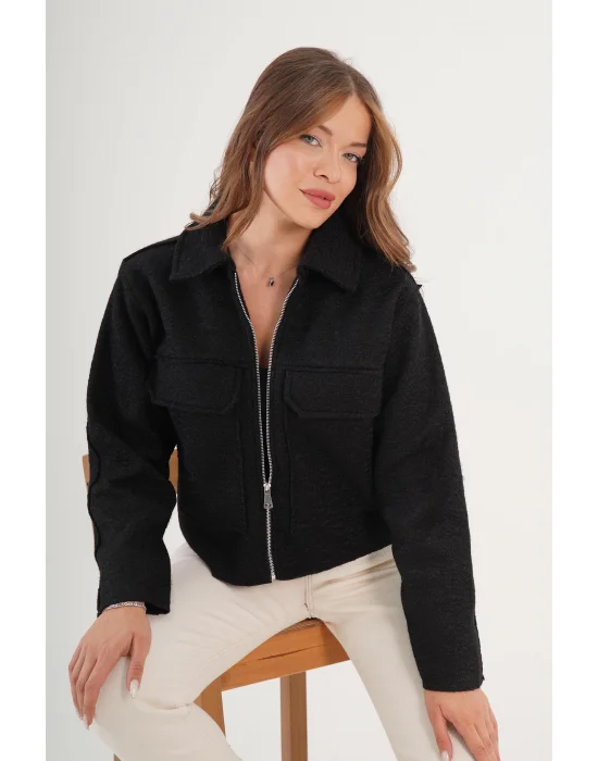 Kadın Buklet Desenli Siyah Kaşe Ceket