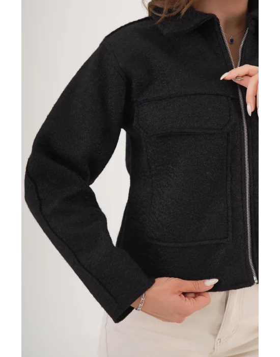 Kadın Buklet Desenli Siyah Kaşe Ceket